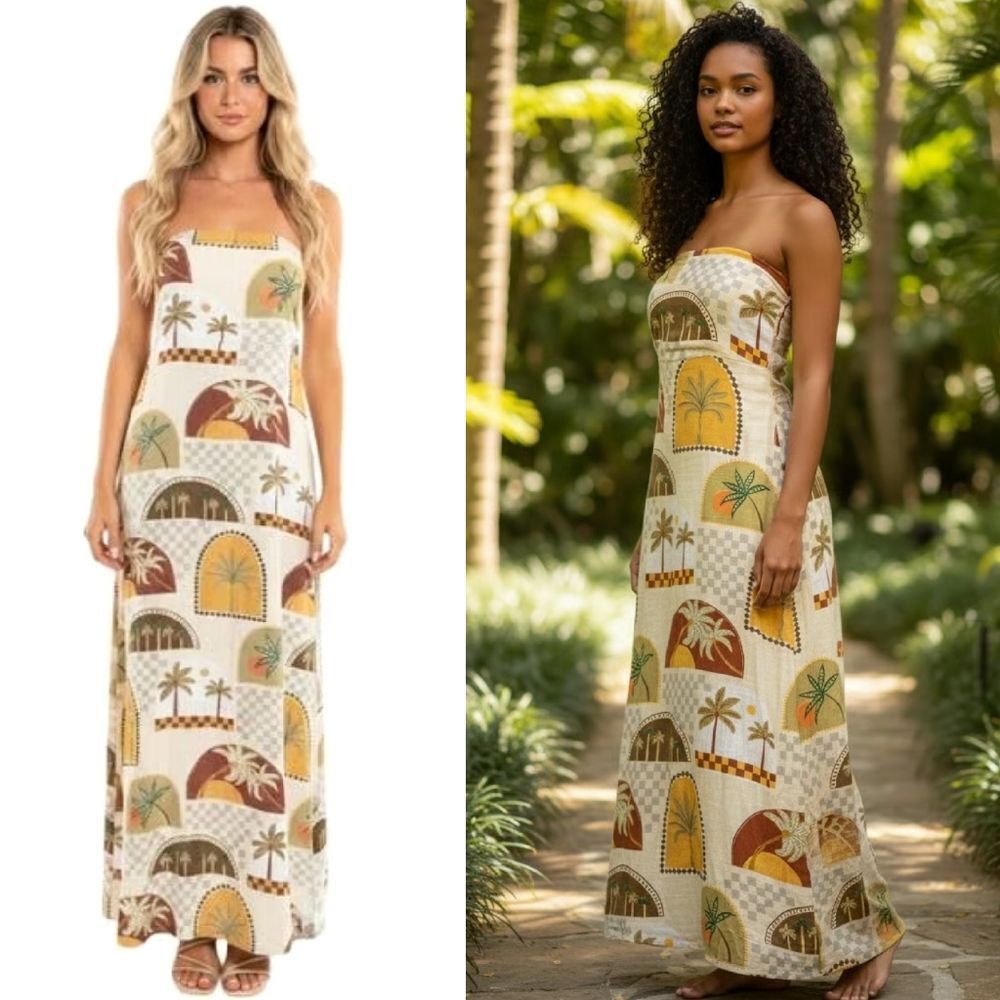 Paper Heart Anthropologie Linen‎ Blend Strapless Maxi Dress Large NWT Tropical